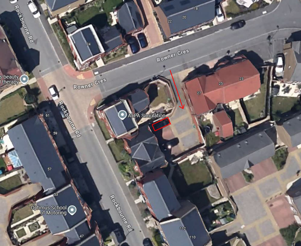 Aerial map of 29 Rowner Crescent, Sherfield-on-Loddon, showing the entrance and the marked parking bay